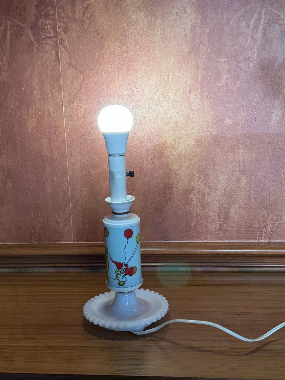 Vintage 1950s Milk Glass Nursery Lamp Circus Clown Giraffe Hobnail Base WORKS